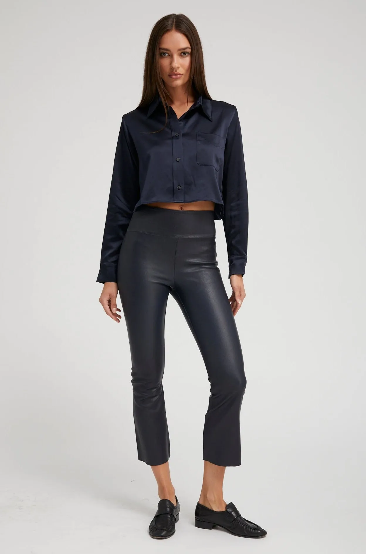 Navy Silk Cropped Button Down