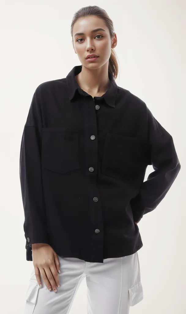 O172036 Black Full Buttons Down Gabardine Shirt