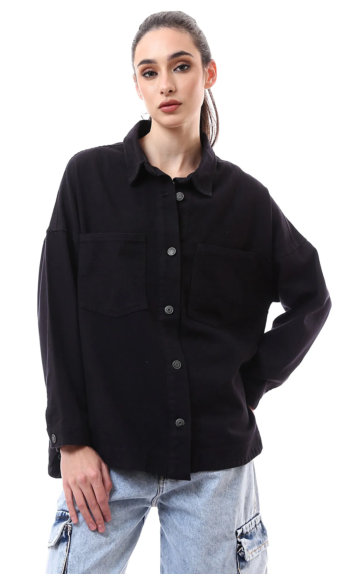 O172036 Black Full Buttons Down Gabardine Shirt