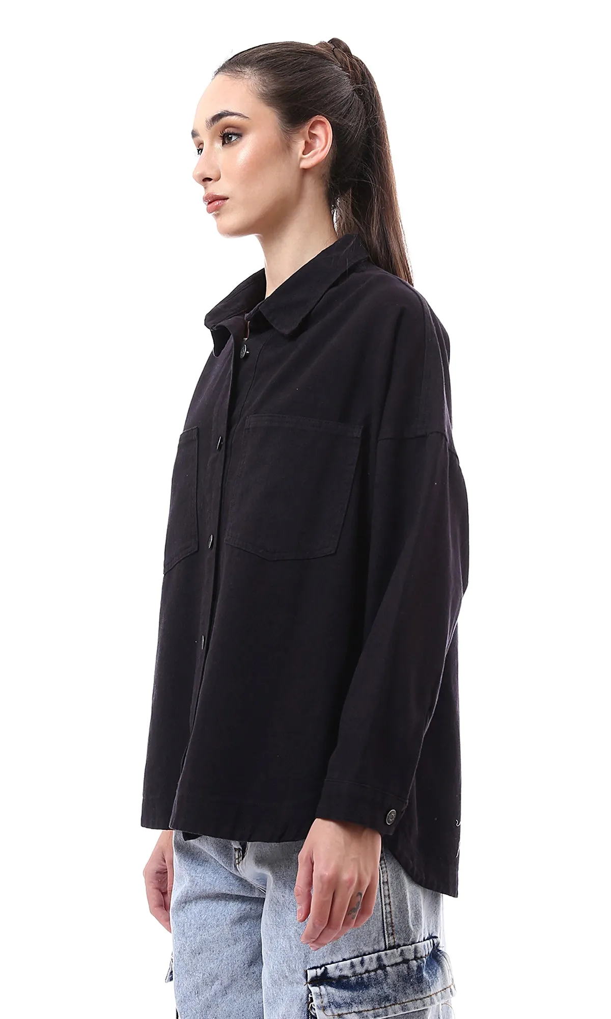 O172036 Black Full Buttons Down Gabardine Shirt