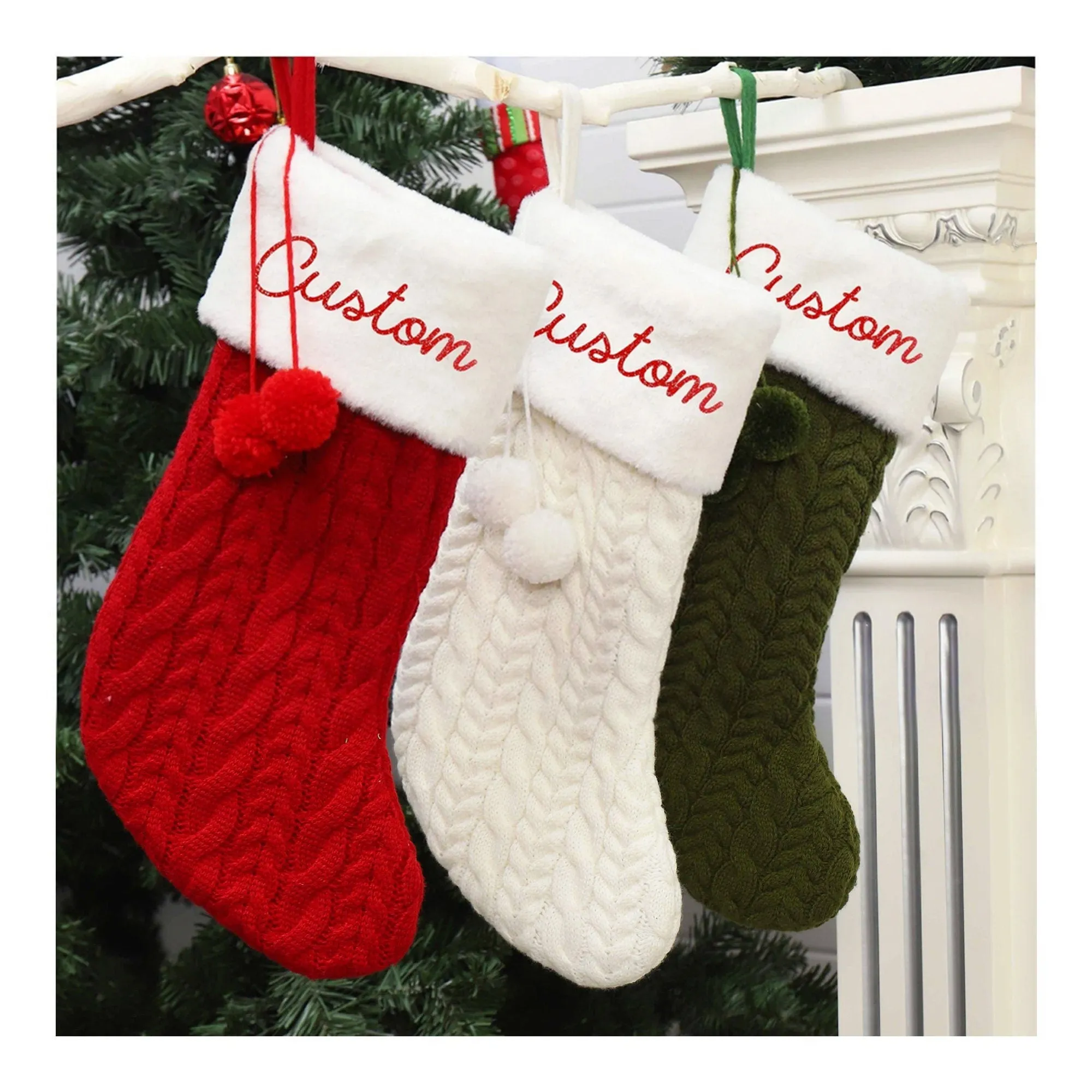 Personalized Christmas Knitted  Pom Pom Stockings