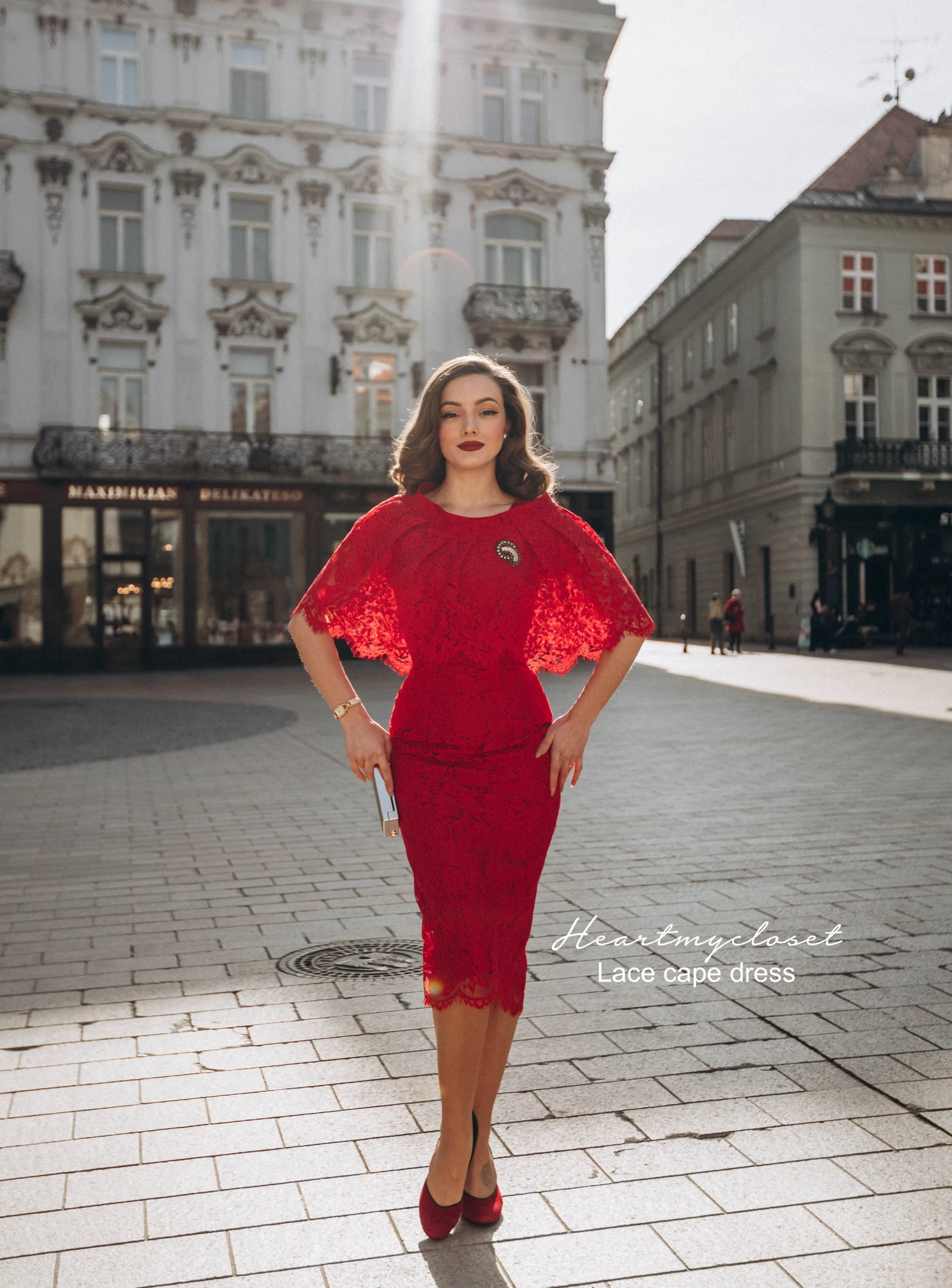 Red Lace Cape   dress - 50s 60s lace pencil dress with matching cape