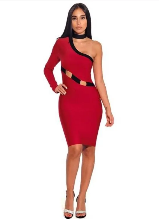 Red One Sleeve Cutout Bodycon Bandage Dress