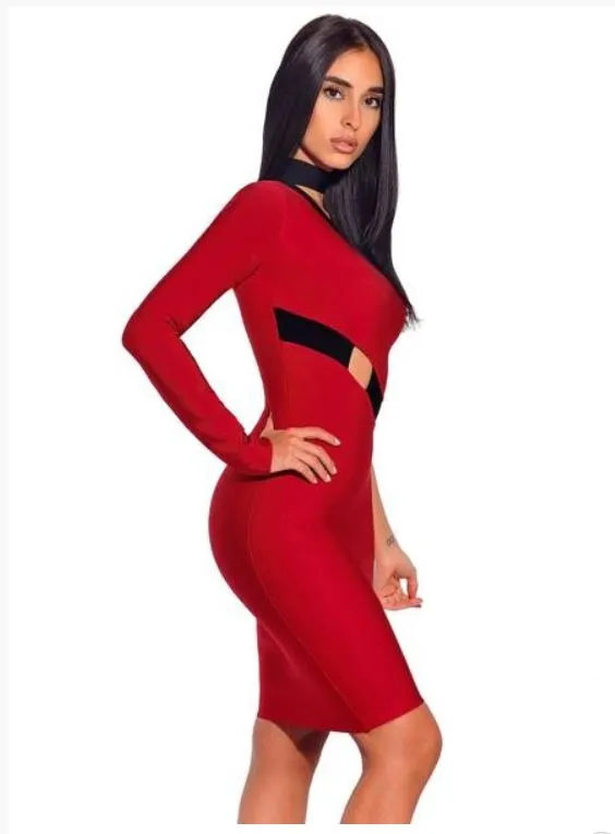 Red One Sleeve Cutout Bodycon Bandage Dress