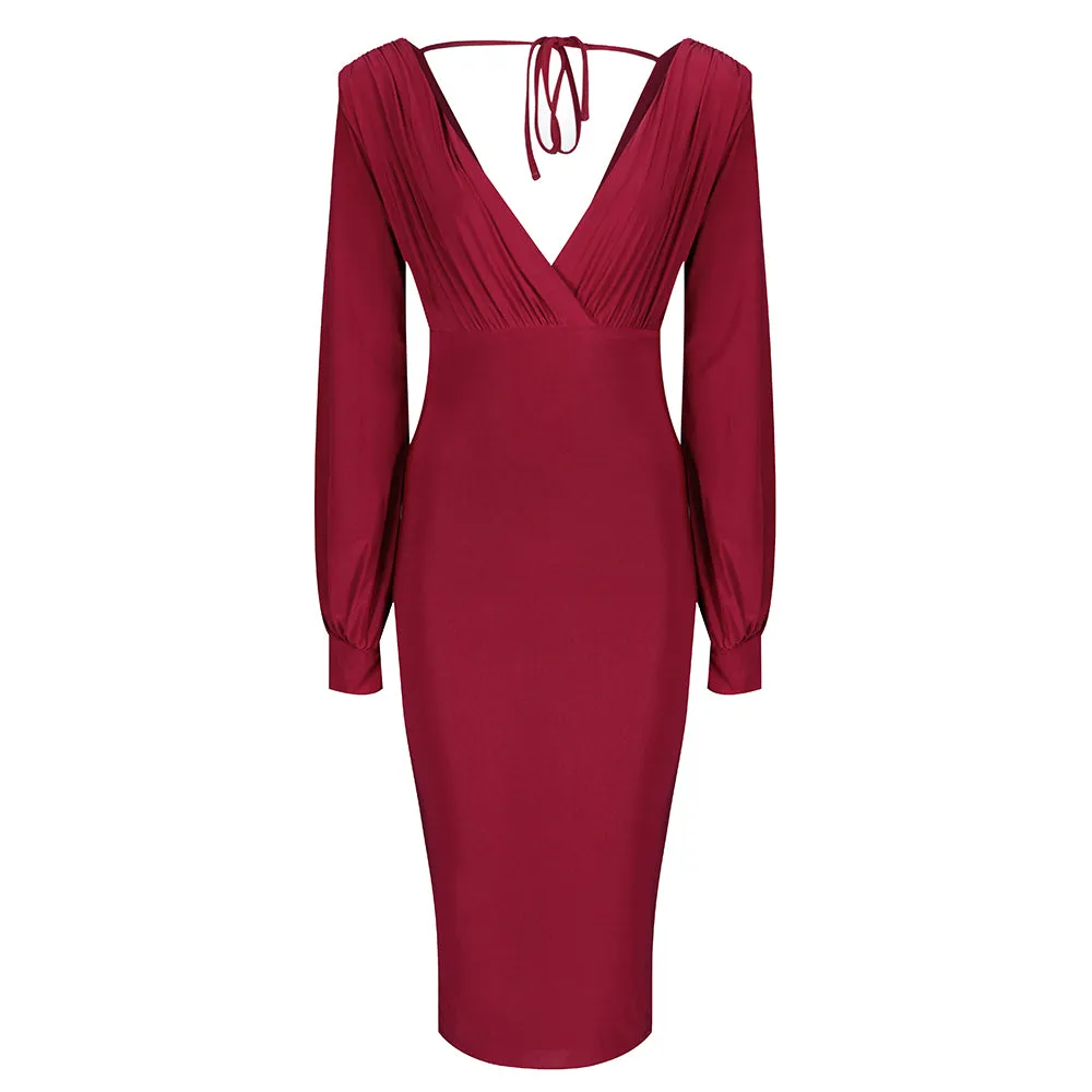 Red V Neck Long Sleeve Slinky Bodycon Midi Dress