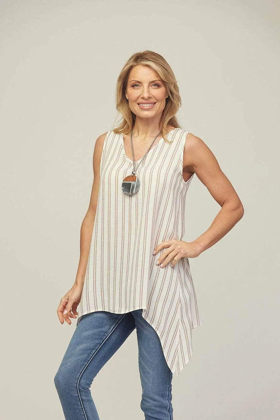 Saloos Pinstripe Sleeveless Tunic Top with Necklace