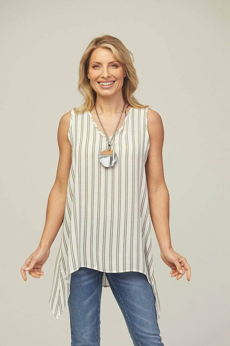 Saloos Pinstripe Sleeveless Tunic Top with Necklace