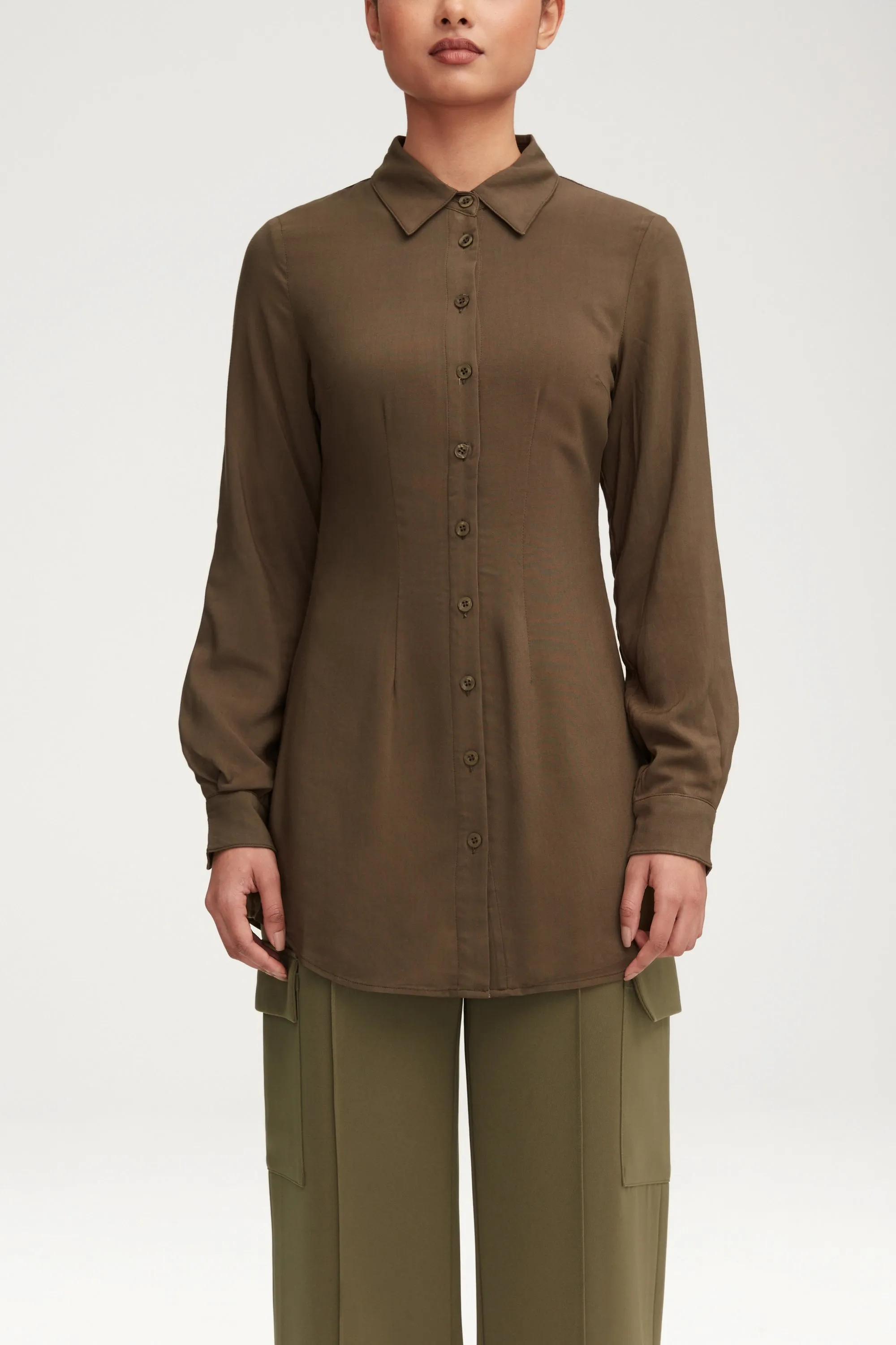 Sarah Fitted Button Down Top - Dark Olive