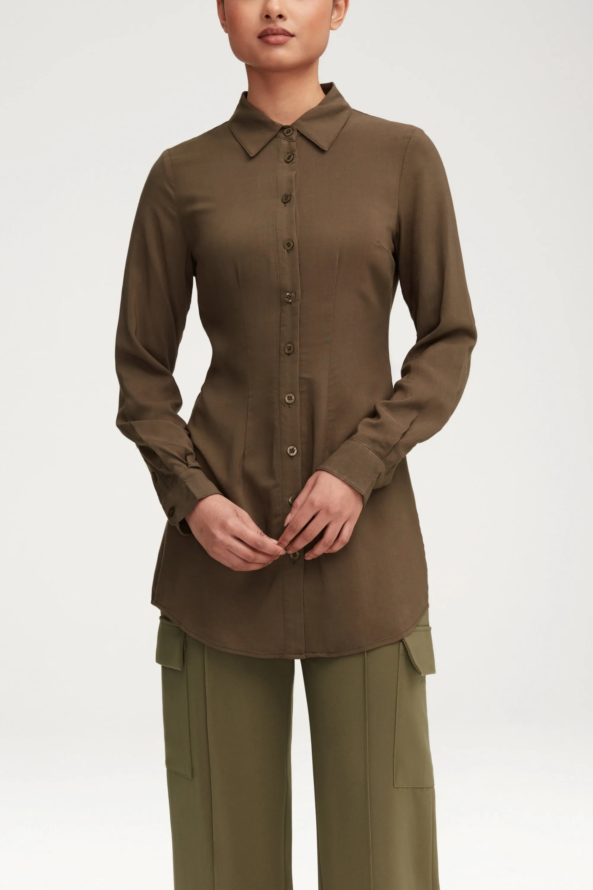 Sarah Fitted Button Down Top - Dark Olive