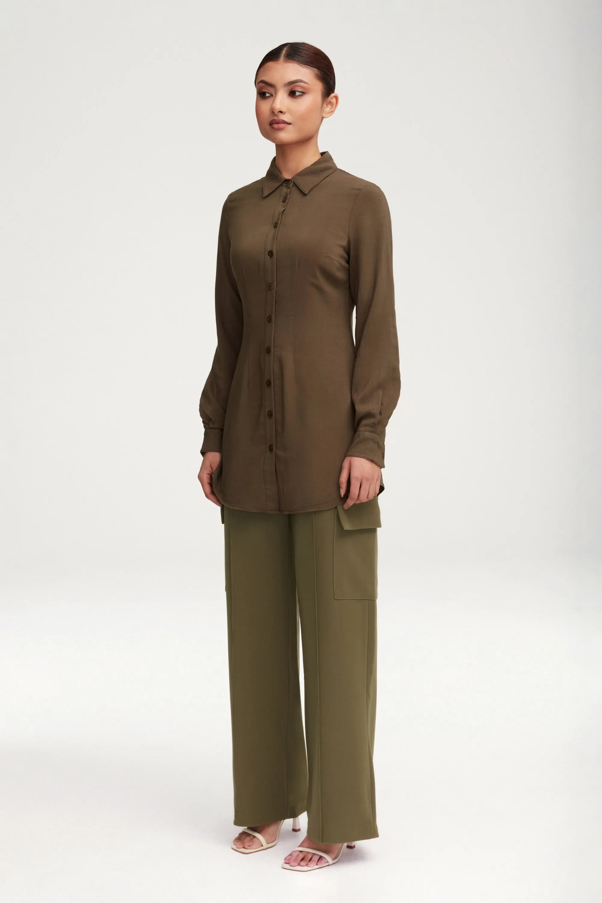 Sarah Fitted Button Down Top - Dark Olive