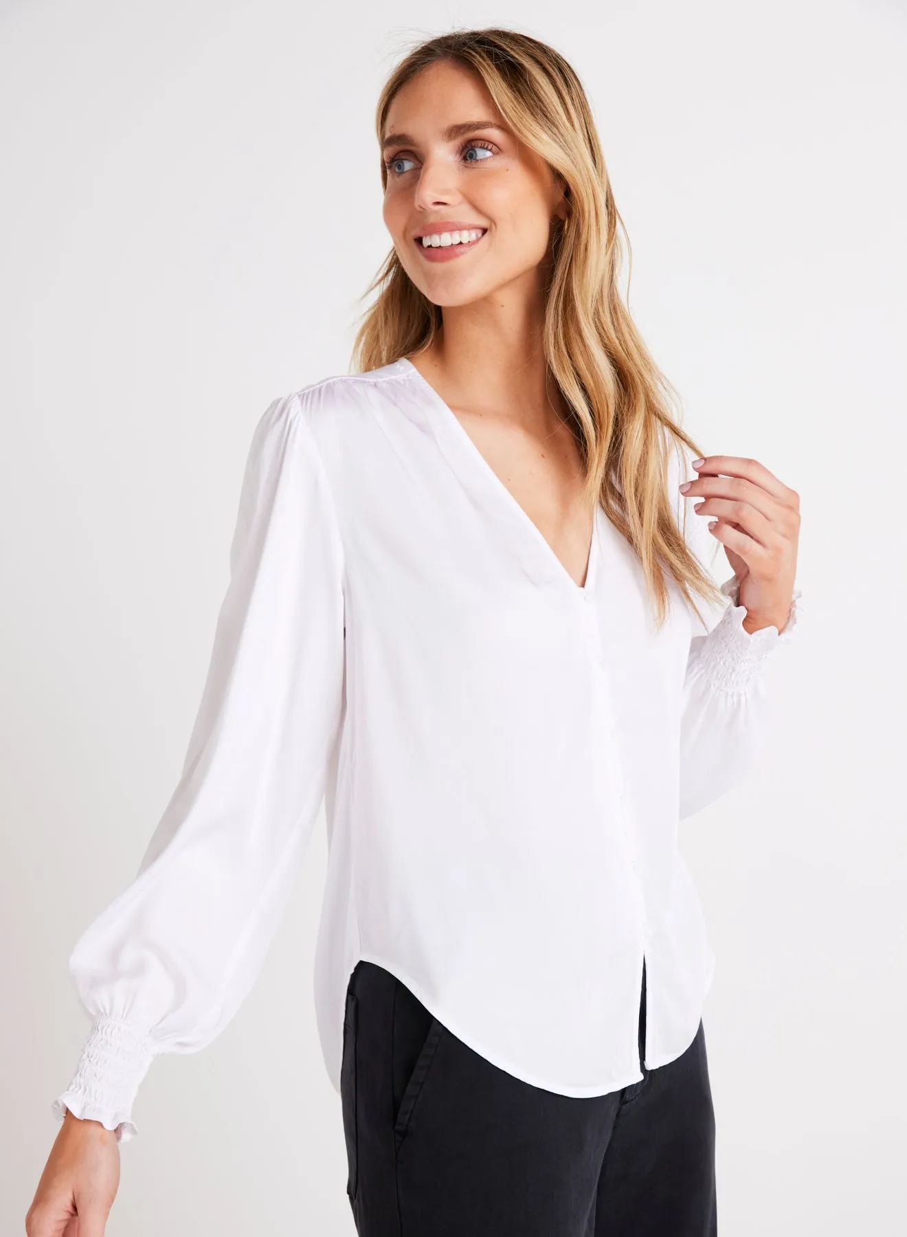 Smocked Cuff Button Down - White