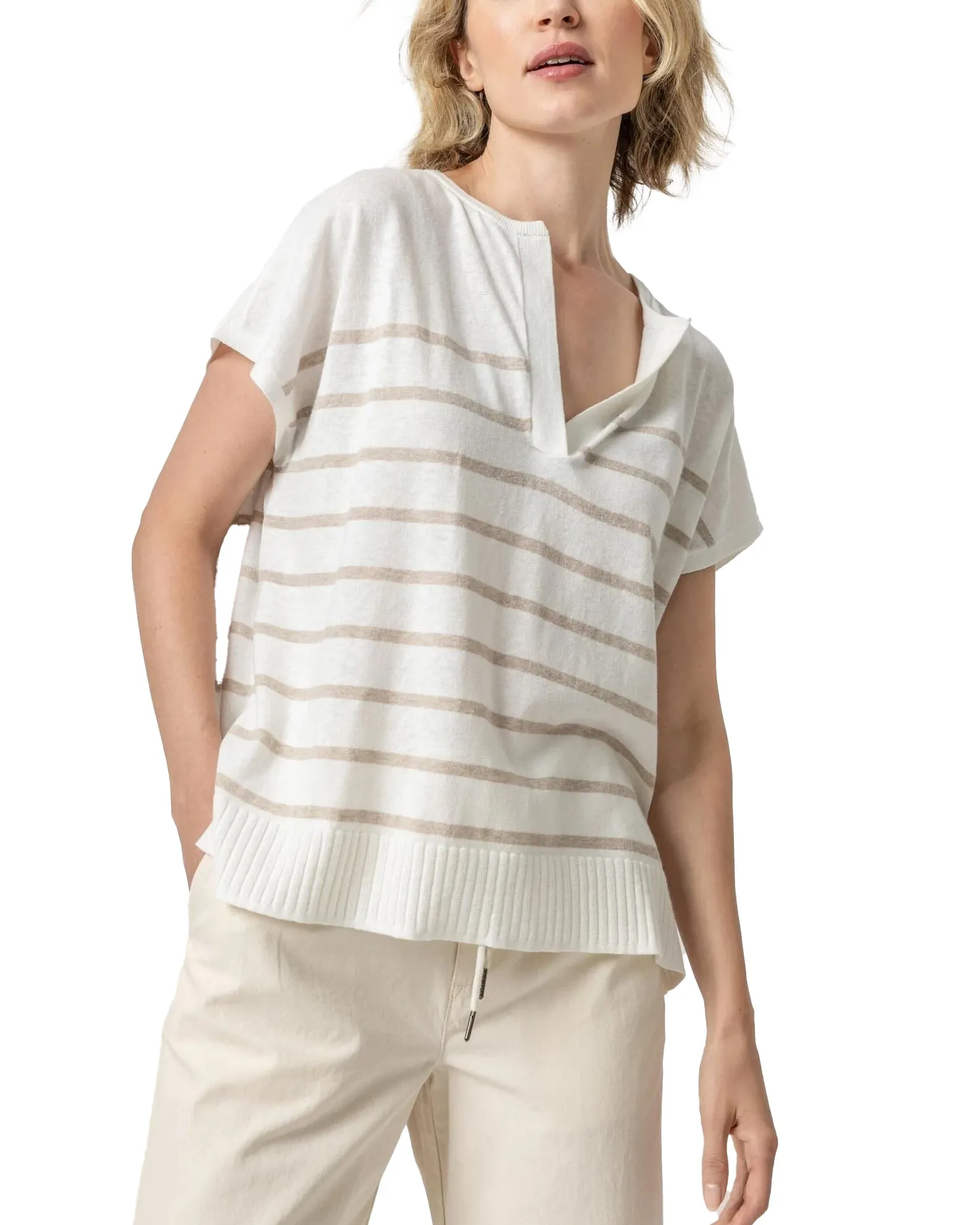 Striped Split Neck Tunic Sweater (Linen Stripe)