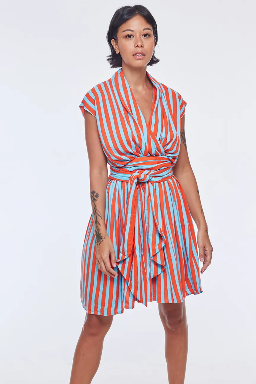 Short Point Dress in Whippy Aqua & Red Stripe Design