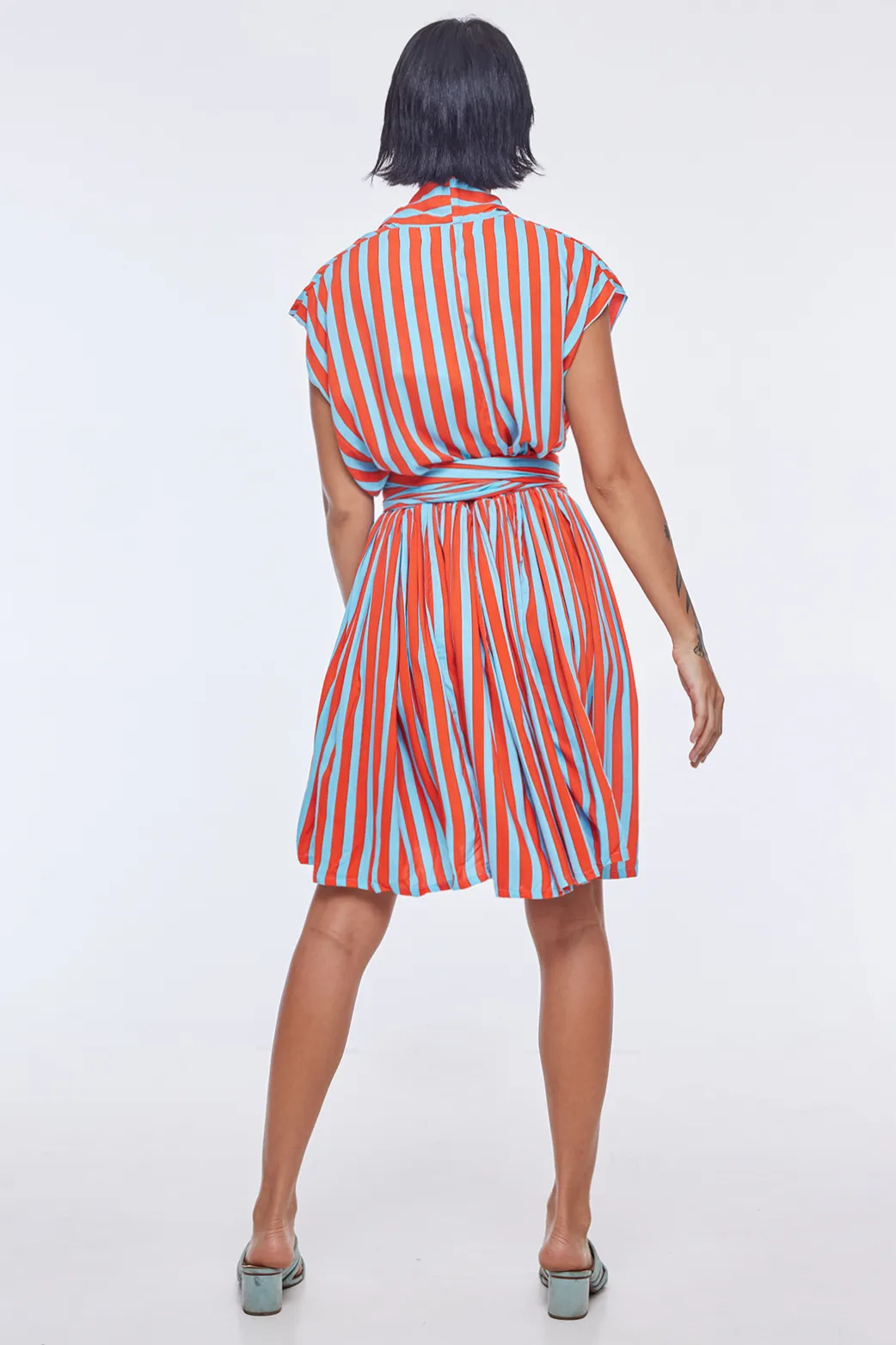 Short Point Dress in Whippy Aqua & Red Stripe Design