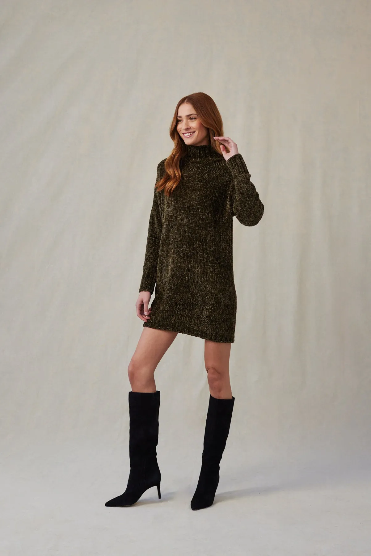 Turtle Neck Chenille Sweater Dress - Italian Herb