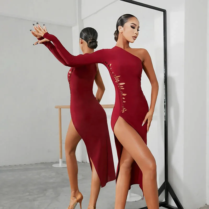 Versatile One-Sleeve Latin Practice Dress | Black/Red | 2253